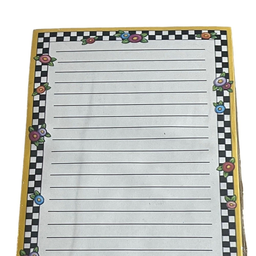 Mary Engelbreit Magnetic Notepad Checks Flowers Yellow Black Vintage 2004 New - Picture 2 of 5